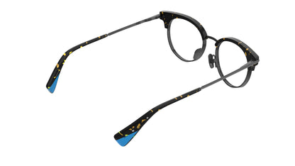 Rear view of round clubmaster eyeglasses with a havana acetate frame, gunmetal titanium temples and nosepads, and bright blue acetate temple tips, shown on a plain white background.