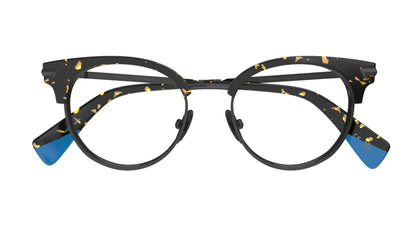 Classic round clubmaster eyeglasses with a havana acetate frame featuring gunmetal titanium rims and nosepads, shown against a plain white background.
