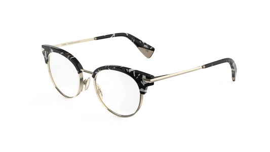 A round clubmaster eyeglasses with a black and white marbled acetate front, light gold titanium rims, temples, and nosepads, shown on a plain white background.