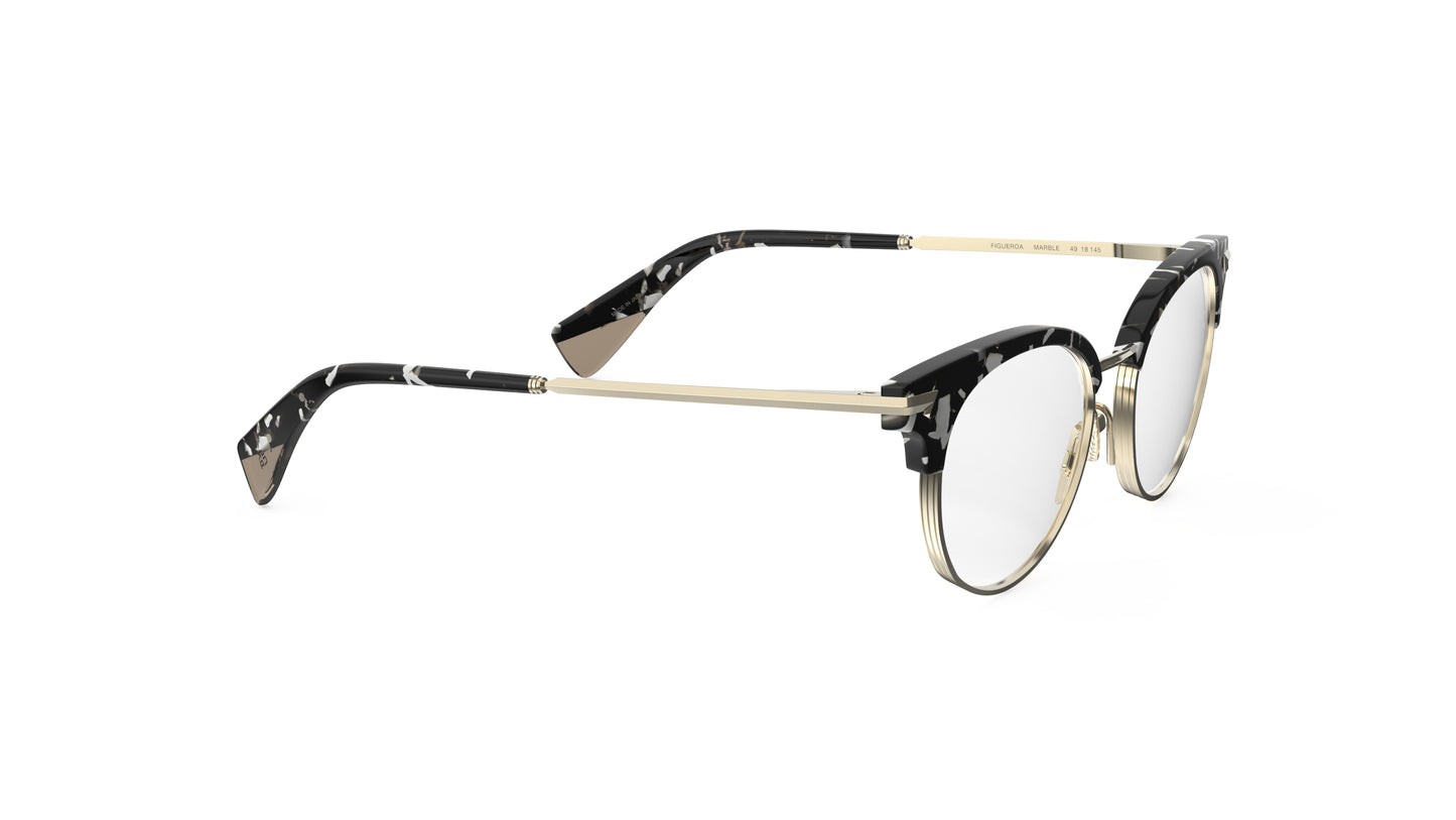 A round clubmaster eyeglasses with a black and white marbled acetate front, light gold titanium rims, temples, and nosepads, shown on a plain white background.