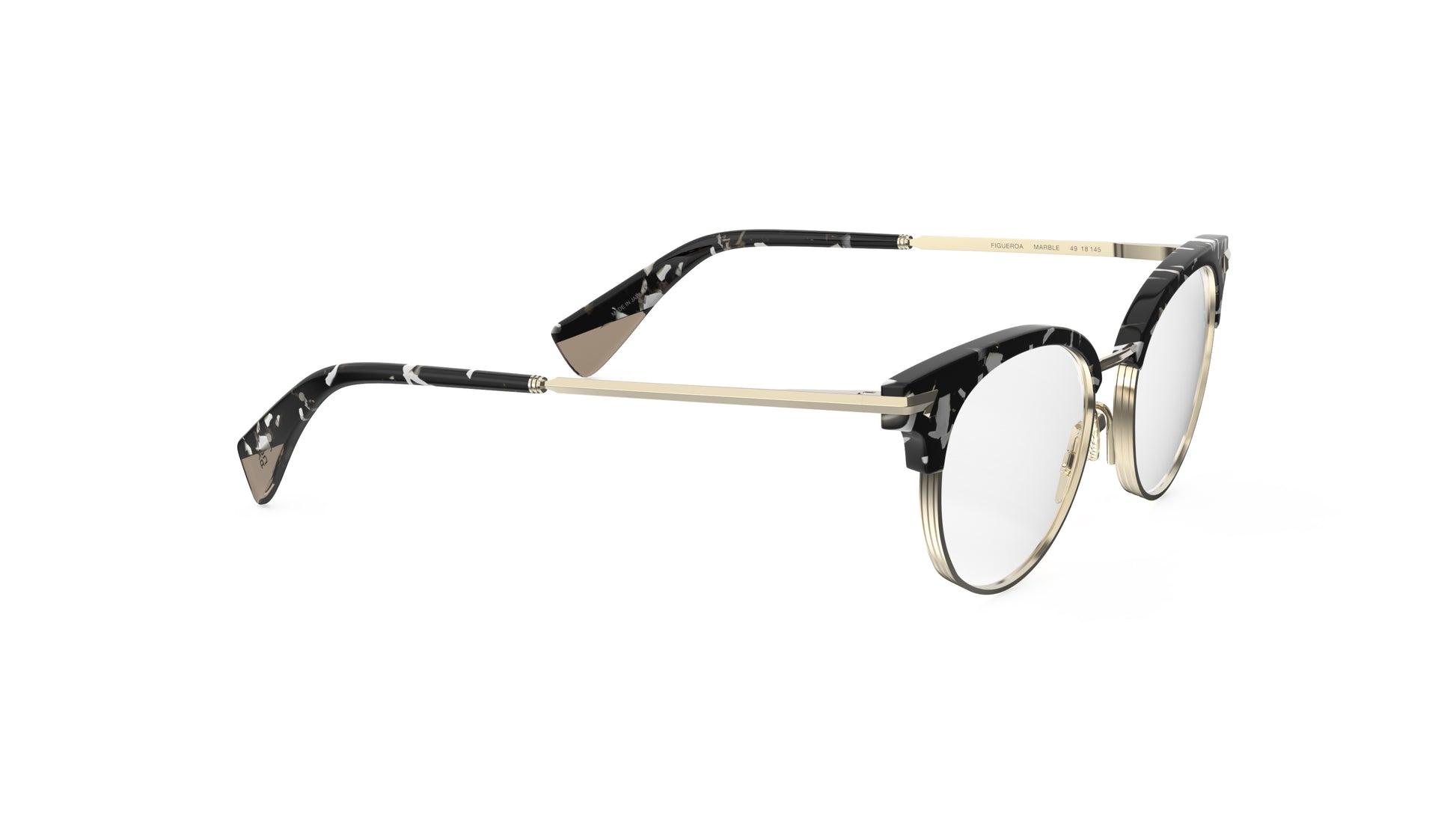 A round clubmaster eyeglasses with a black and white marbled acetate front, light gold titanium rims, temples, and nosepads, shown on a plain white background.
