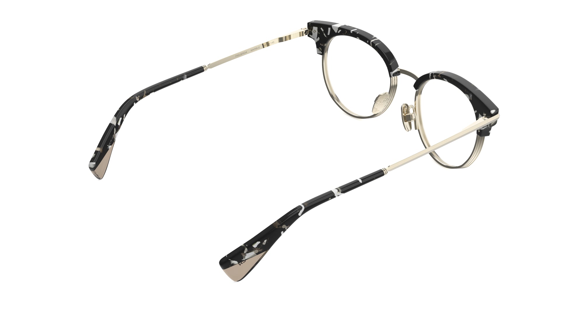 Rear view of round clubmaster eyeglasses with a black and white marbled acetate frame and temple tips, gold titanium temples, rims, and nosepads with integrated spring hinge, shown on a plain white background.
