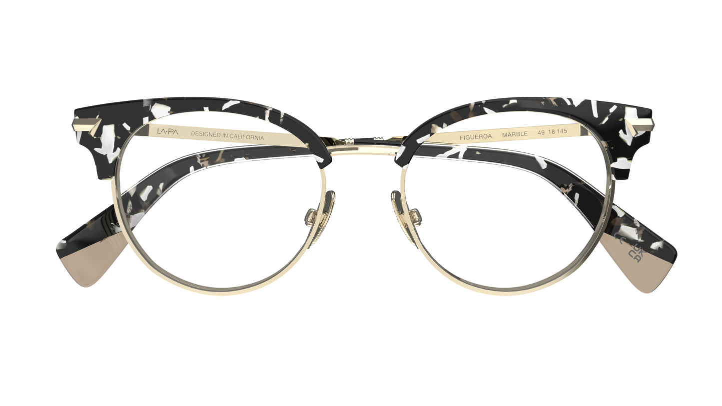 A round clubmaster eyeglasses with a black and white marbled acetate front, gold titanium rims and nosepads, shown against a plain white background.