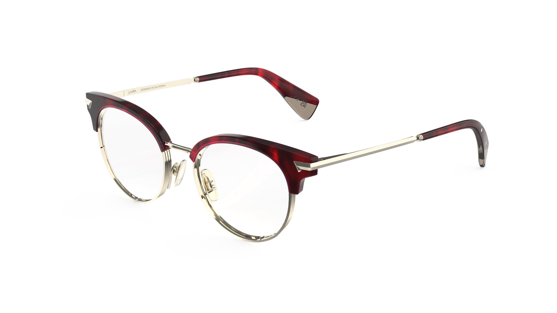 Round clubmaster eyeglasses with a dark red merlot acetate front, light gold titanium rims, temples and nosepads, with integrated spring hinge, shown on a white background.