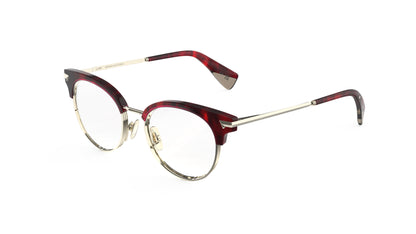 Round clubmaster eyeglasses with a dark red merlot acetate front, light gold titanium rims, temples and nosepads, with integrated spring hinge, shown on a white background.