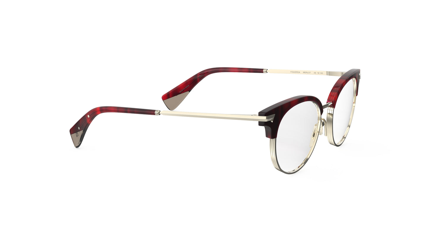 Round clubmaster eyeglasses with a dark red merlot acetate front, light gold titanium rims, temples and nosepads, with integrated spring hinge, shown on a white background.