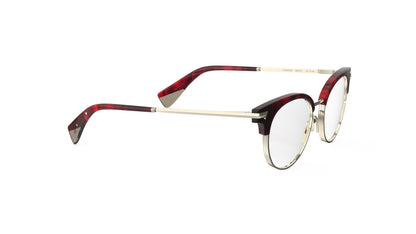 Round clubmaster eyeglasses with a dark red merlot acetate front, light gold titanium rims, temples and nosepads, with integrated spring hinge, shown on a white background.