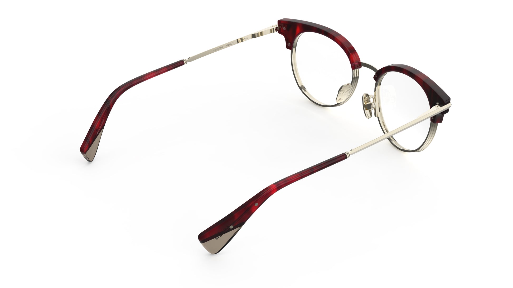 Rear view of a round clubmaster eyeglasses with dark red merlot acetate frames and light gold titanium temples, rims and nosepads, shown on a plain white background.