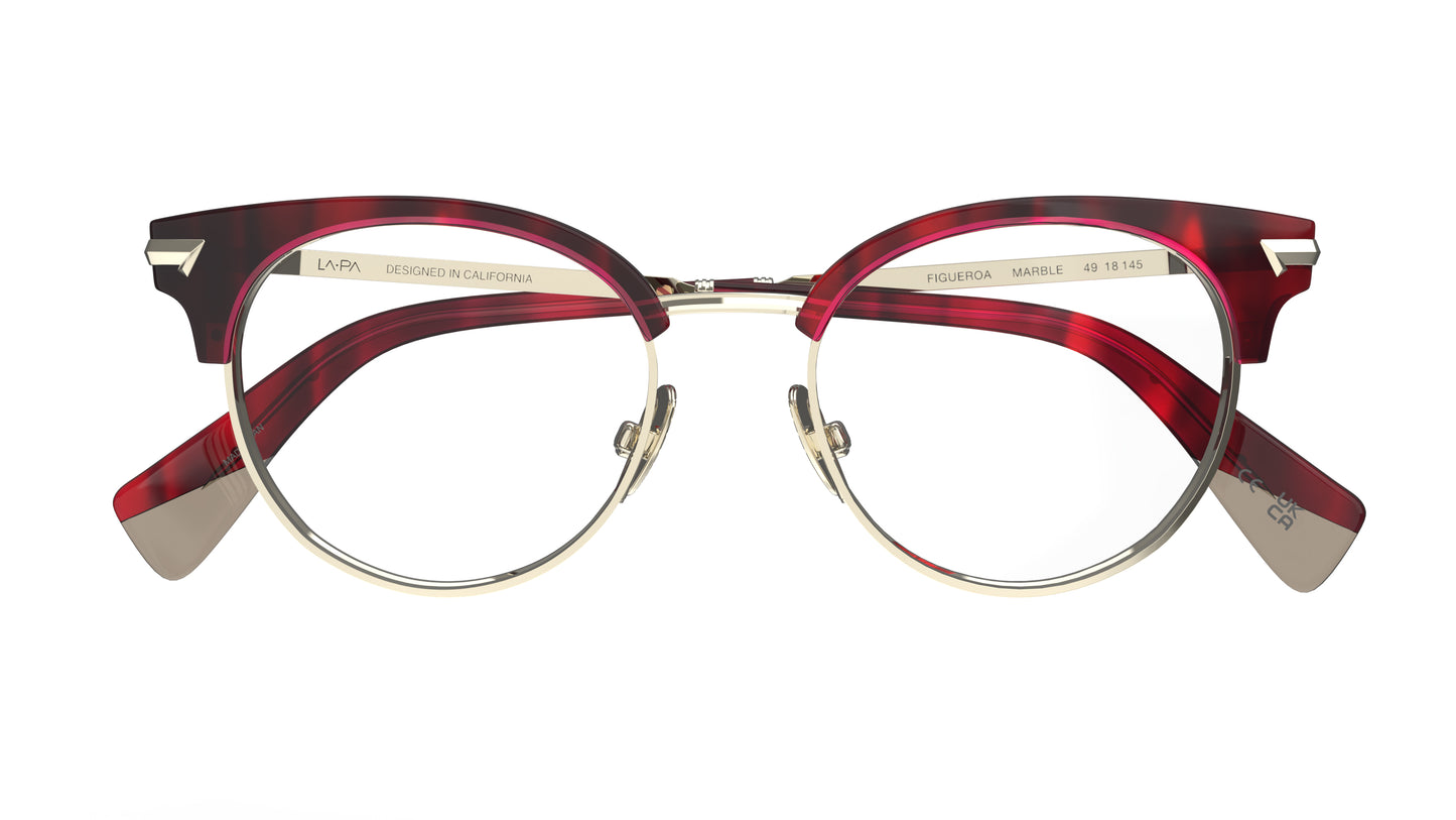 Round clubmaster eyeglasses with a red merlot acetate frame and light gold titanium rims and nosepads, shown against a plain white background.