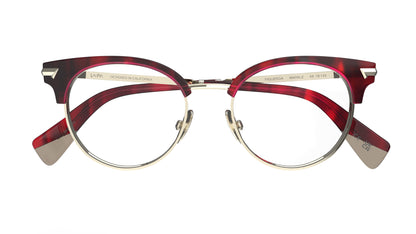 Round clubmaster eyeglasses with a red merlot acetate frame and light gold titanium rims and nosepads, shown against a plain white background.