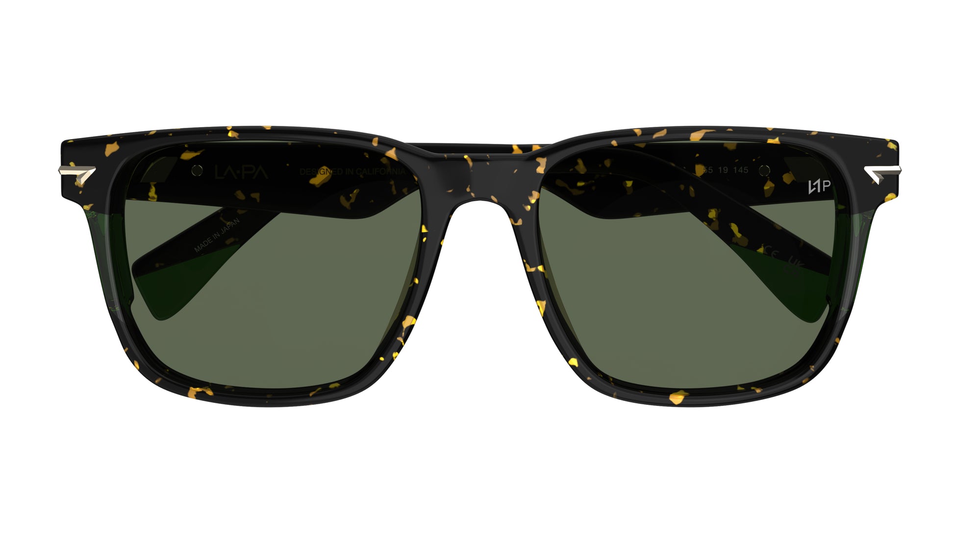 A pair of square sunglasses with a classic havana frame with green laminated details and polarized dark green lenses, shown against a plain white background.