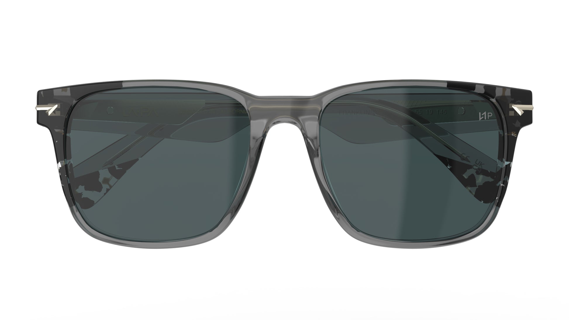 A pair of classic square men sunglasses with a translucent gray and black havana acetate frame and polarized lenses, shown from a front-facing perspective on a solid white background.