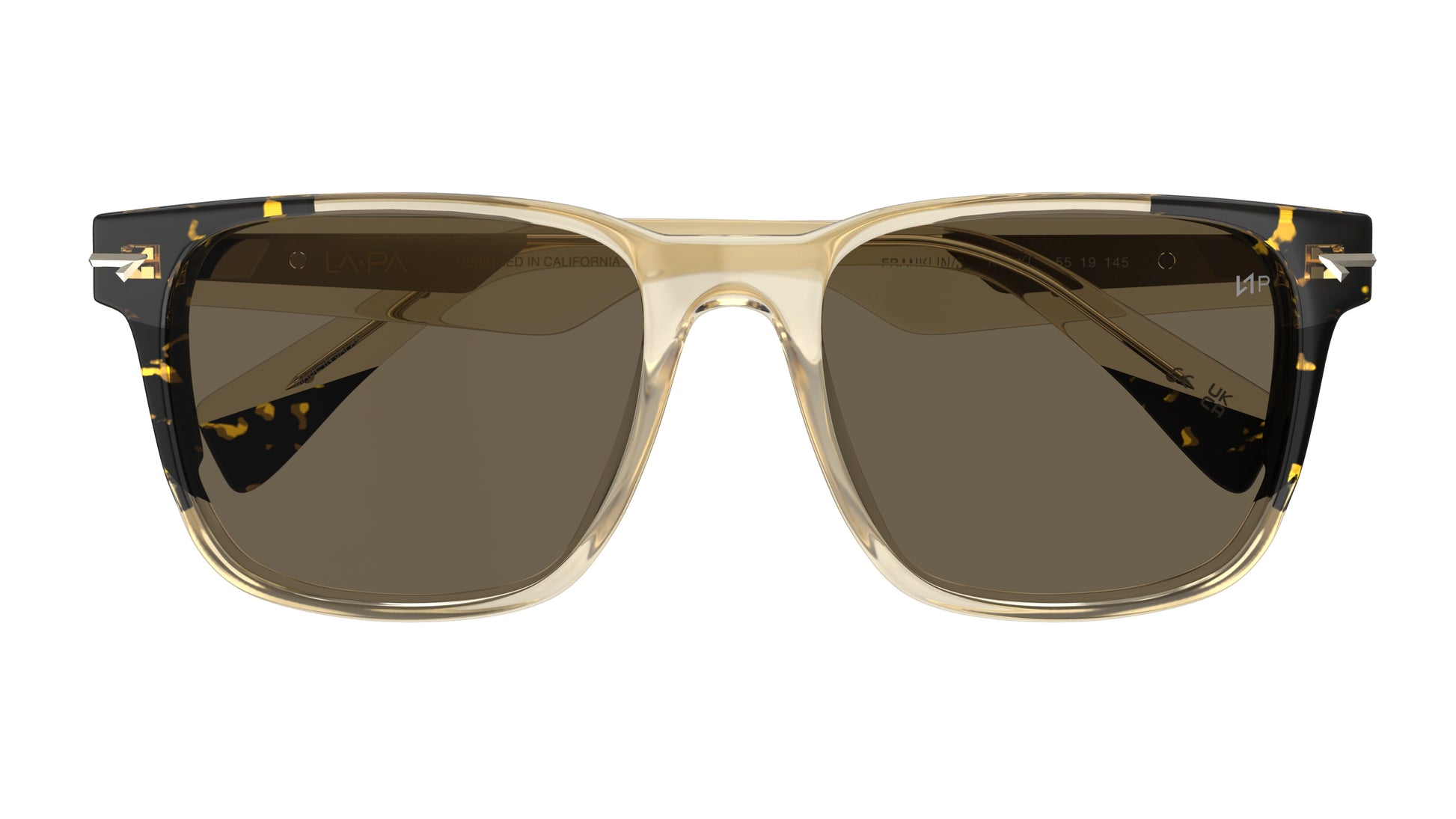 A pair of square sunglasses with translucent khaki and havana acetate frames, brown polarized lenses, shown from a front view on white.