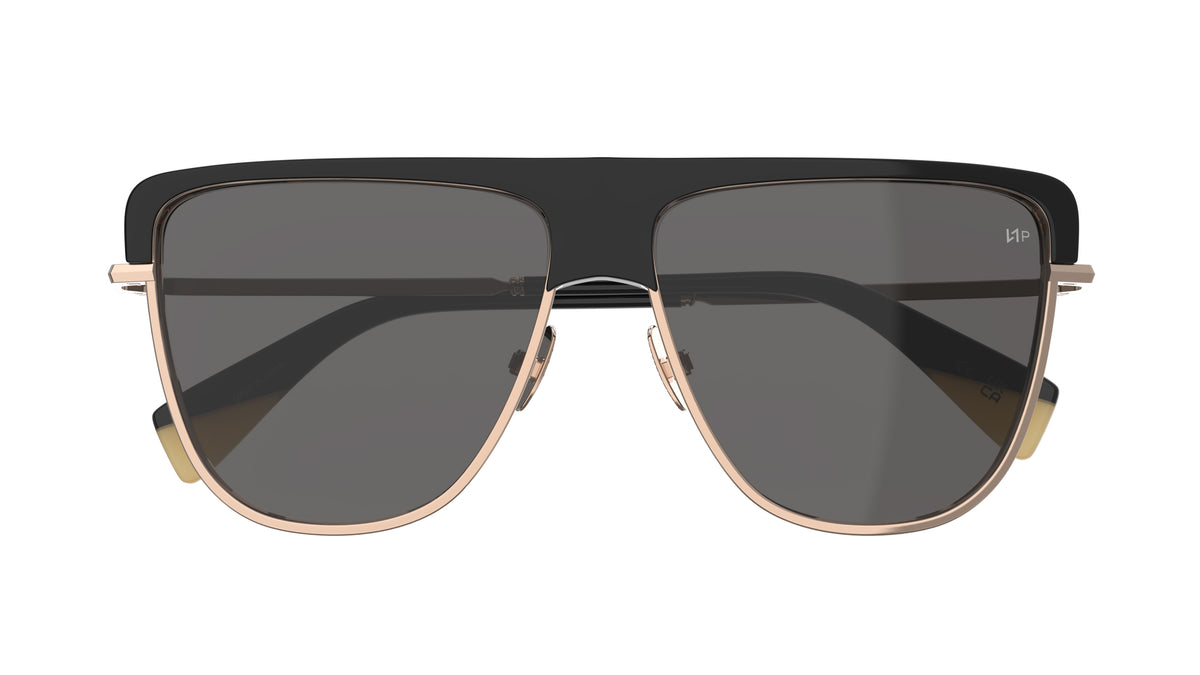 A pair of oversized shield-style sunglasses with a black top frame, gold metal rims, and dark gray polarized lenses, shown against a plain white background.