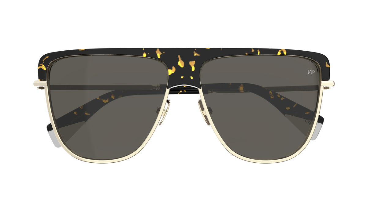 A pair of shield-style sunglasses with a tortoiseshell patterned frame, dark gray polarized lenses, and silver metal rims, shown against a plain white background.