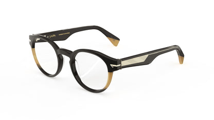A pair of round eyeglasses with a glossy black acetate frame and khaki details, with engraved wire core shown on a clean white background.