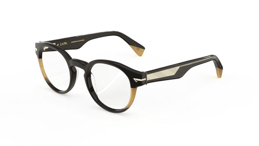 A pair of round eyeglasses with a glossy black acetate frame and khaki details, with engraved wire core shown on a clean white background.