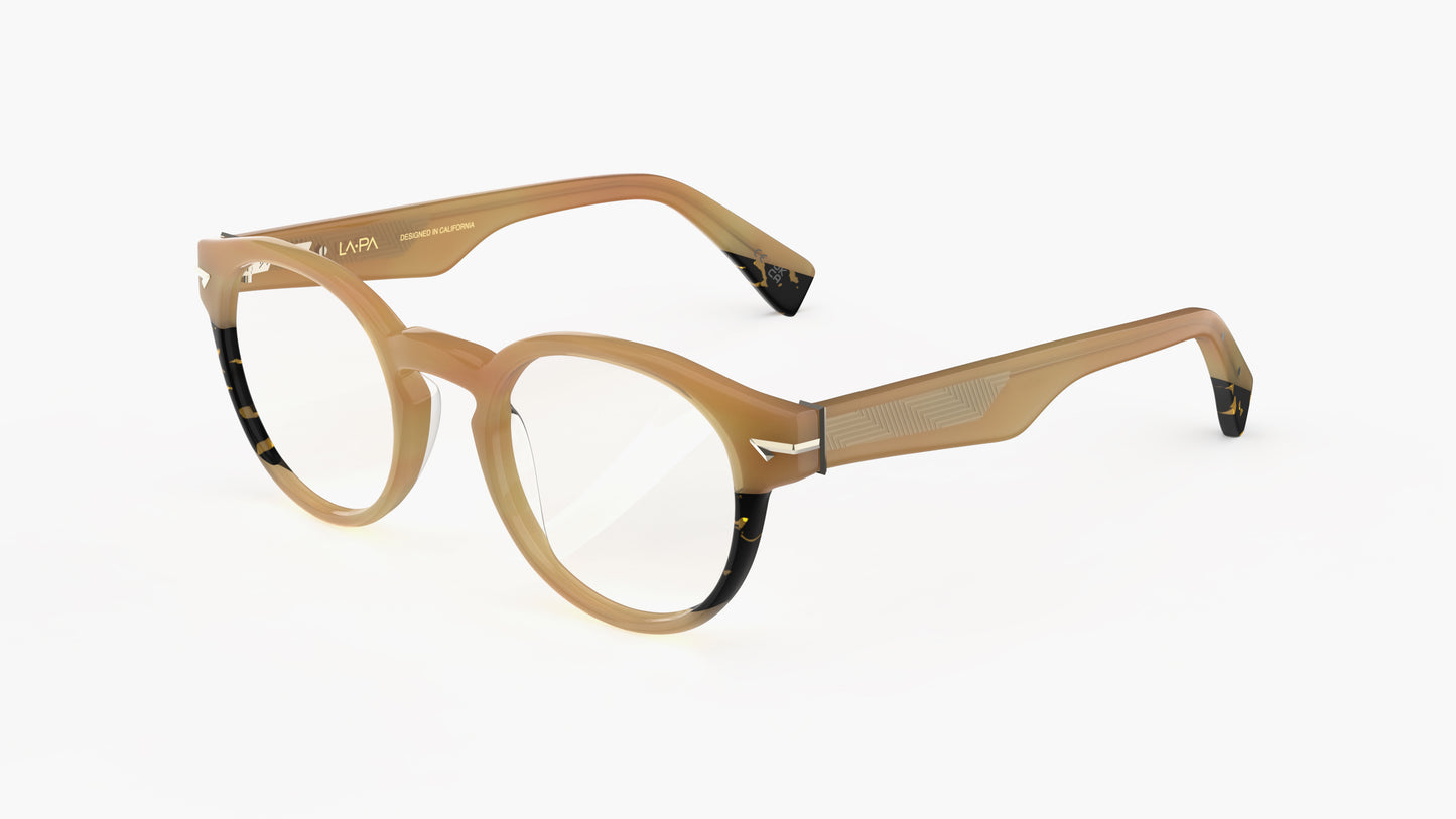 A pair of round eyeglasses with a milky blonde acetate frame and black tortoiseshell accents at the hinges and temple tips, shown on a plain white background.