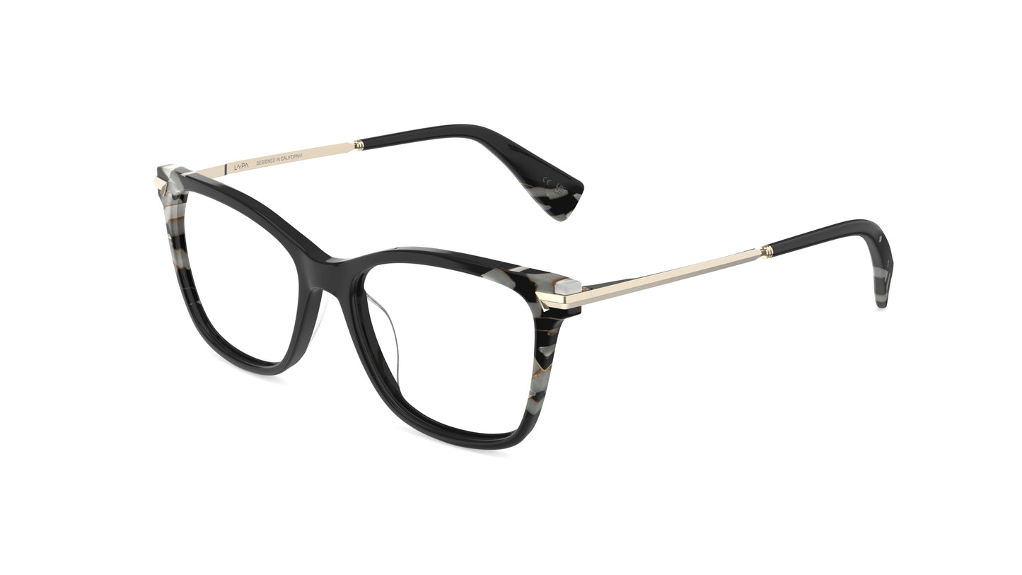 A pair of classic butterfly eyeglasses featuring a glossy black acetate frame, gold titanium temples, and subtle dark gray marbled pattern accents.