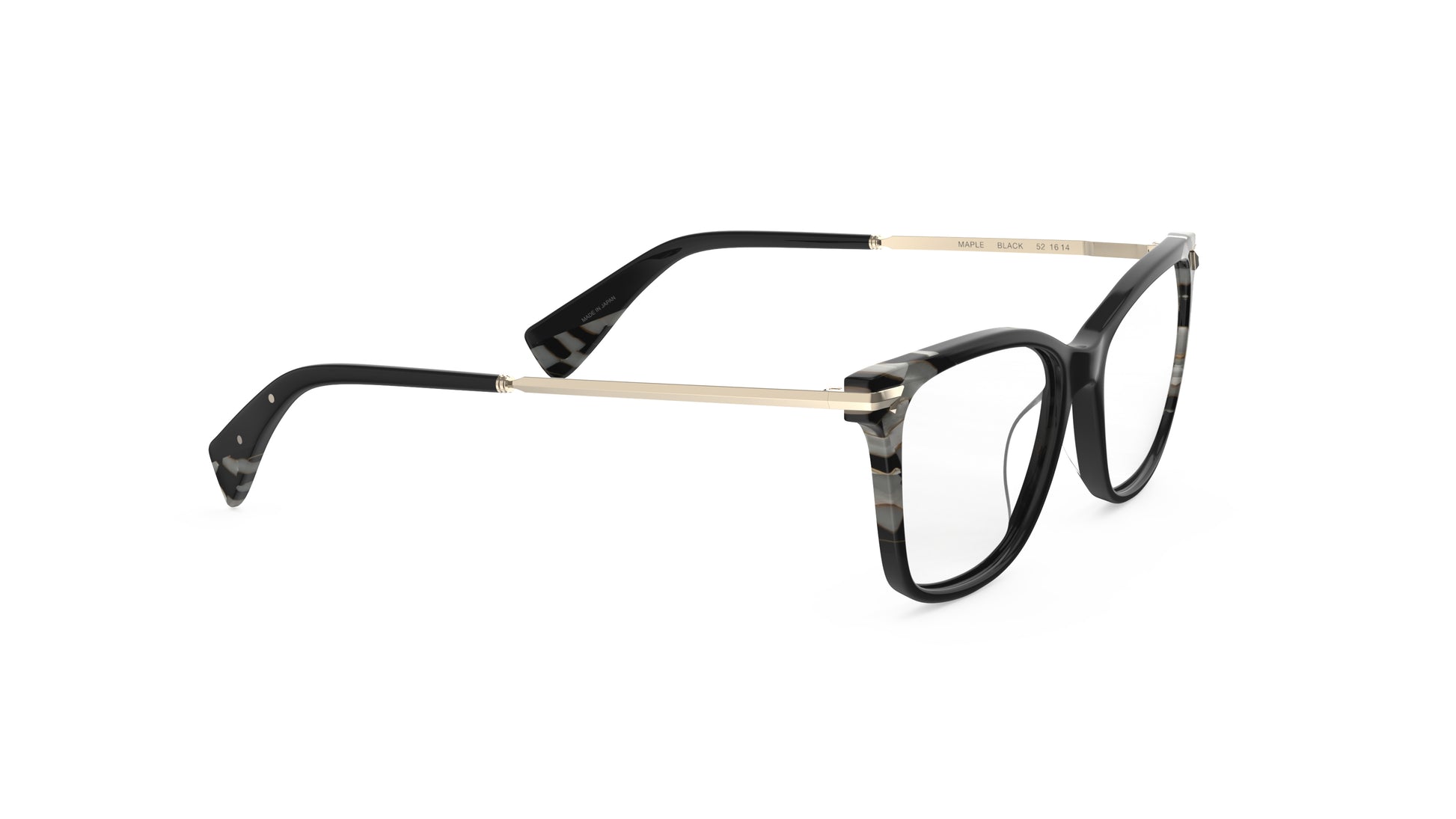 A pair of classic butterfly eyeglasses featuring a glossy black acetate frame, gold metal temples, and subtle dark gray marbled pattern accents and integrated spring hinge.