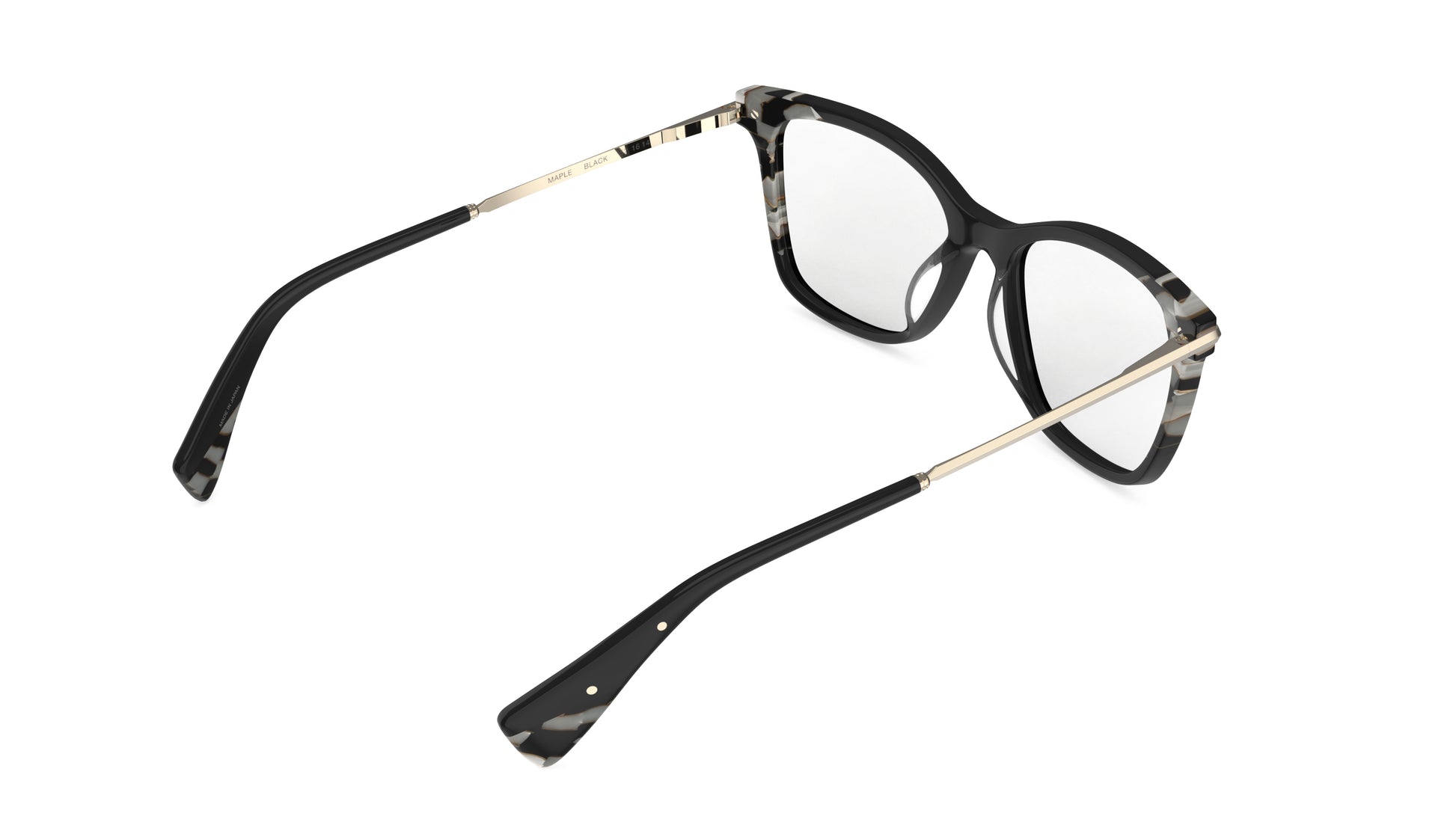 A rear view of a pair of butterfly eyeglasses with a black acetate front featuring subtle marbled accents, combined with gold titanium temples, shown on a plain white background.