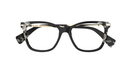 A pair of butterfly square frame eyeglasses with a glossy black front, marbled accents, shown from the front on a white background.