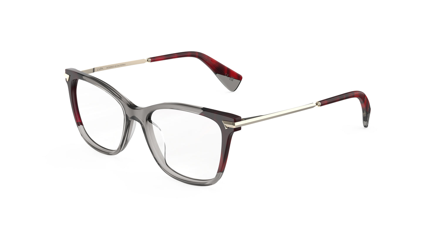 A pair of butterfly eyeglasses with a translucent smoky gray acetate frame, light gold titanium temples, and dark striated red acetate tips, integrated spring hinge, shown on a plain white background.
