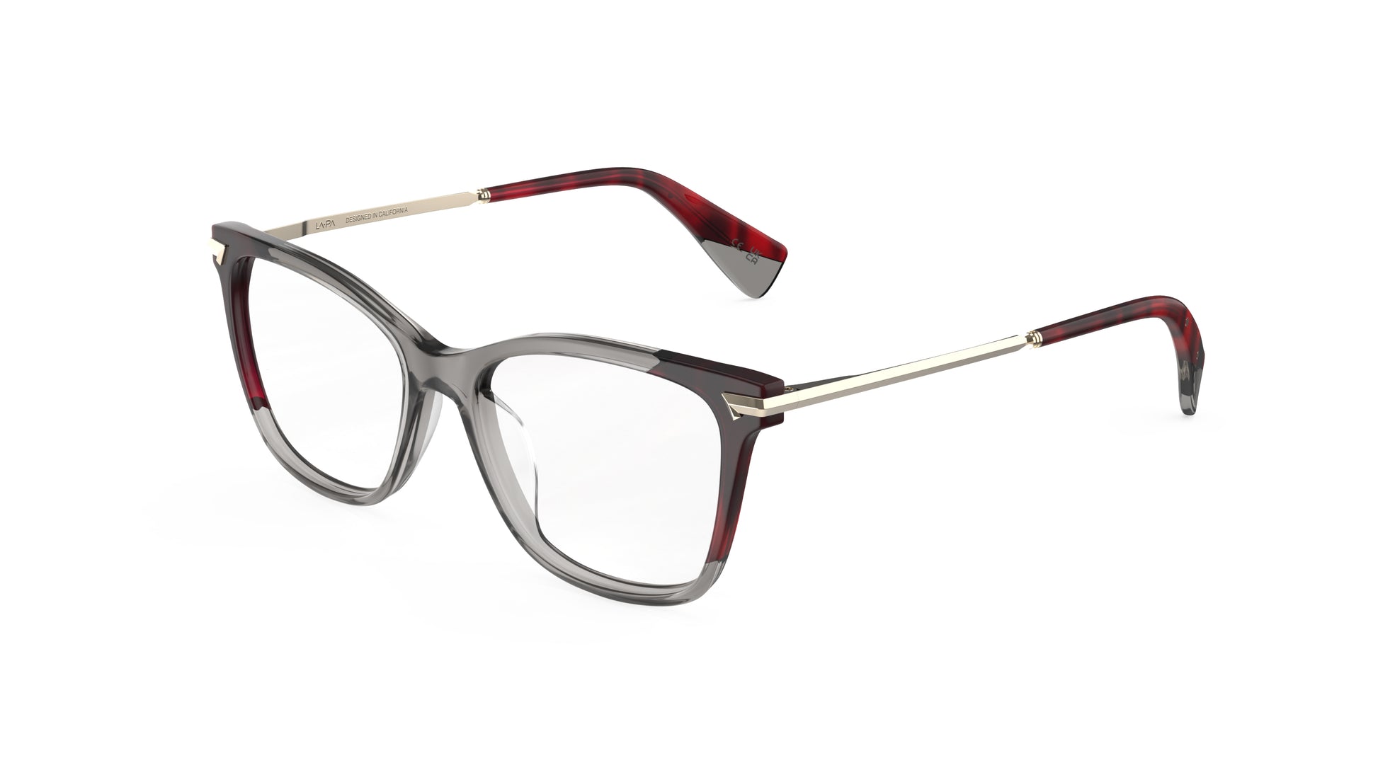 A pair of butterfly eyeglasses with a translucent smoky gray acetate frame, light gold titanium temples, and dark striated red acetate tips, integrated spring hinge, shown on a plain white background.