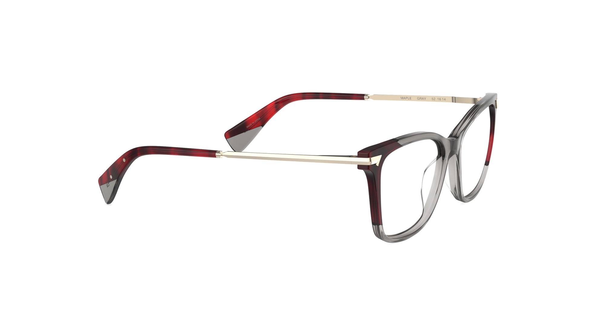 A pair of butterfly eyeglasses with a translucent smoky gray acetate frame, light gold titanium temples, and dark striated red acetate tips, integrated spring hinge, shown on a plain white background.