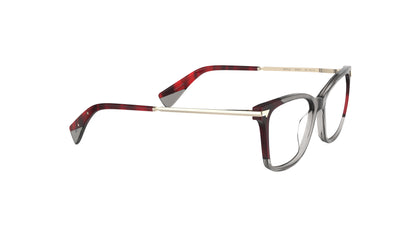 A pair of butterfly eyeglasses with a translucent smoky gray acetate frame, light gold titanium temples, and dark striated red acetate tips, integrated spring hinge, shown on a plain white background.