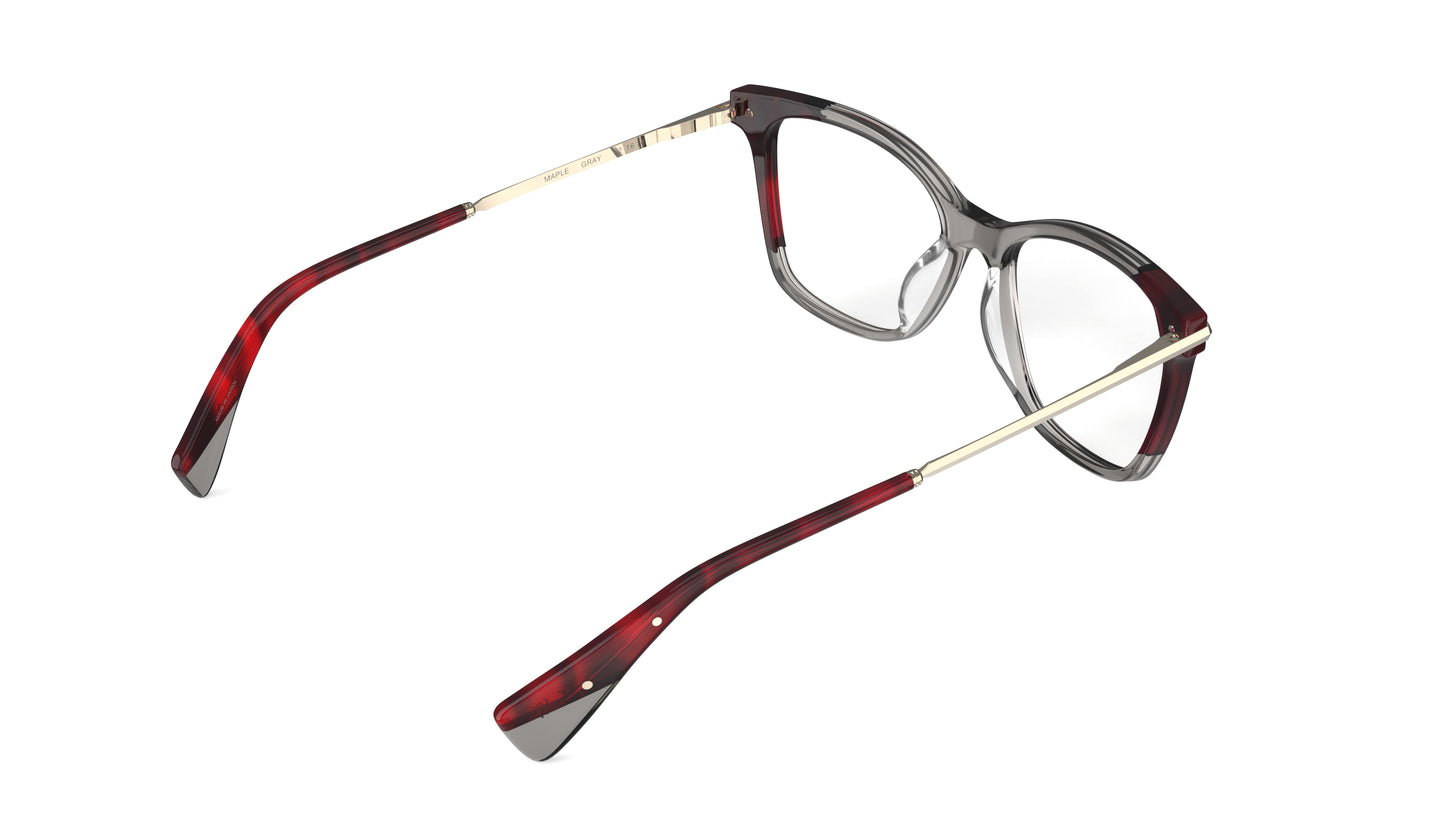 Rear view of butterfly shape eyeglasses with a dark gray frame, featuring light gold titanium temples, red striated acetate accents.