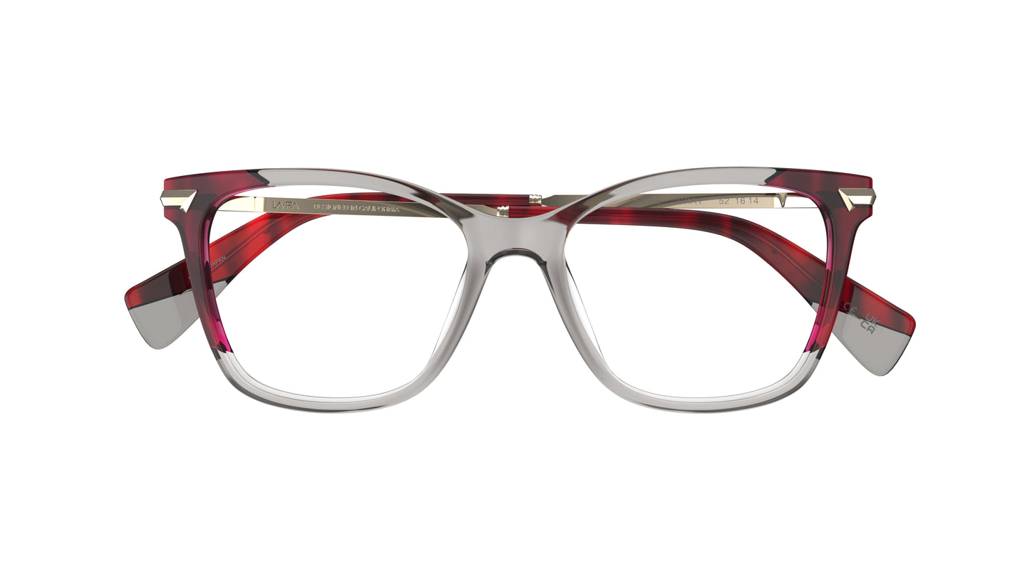 A pair of butterfly square eyeglasses with a translucent gray acetate frame and a red striated pattern on the sides and temple tips, shown against a plain white background.