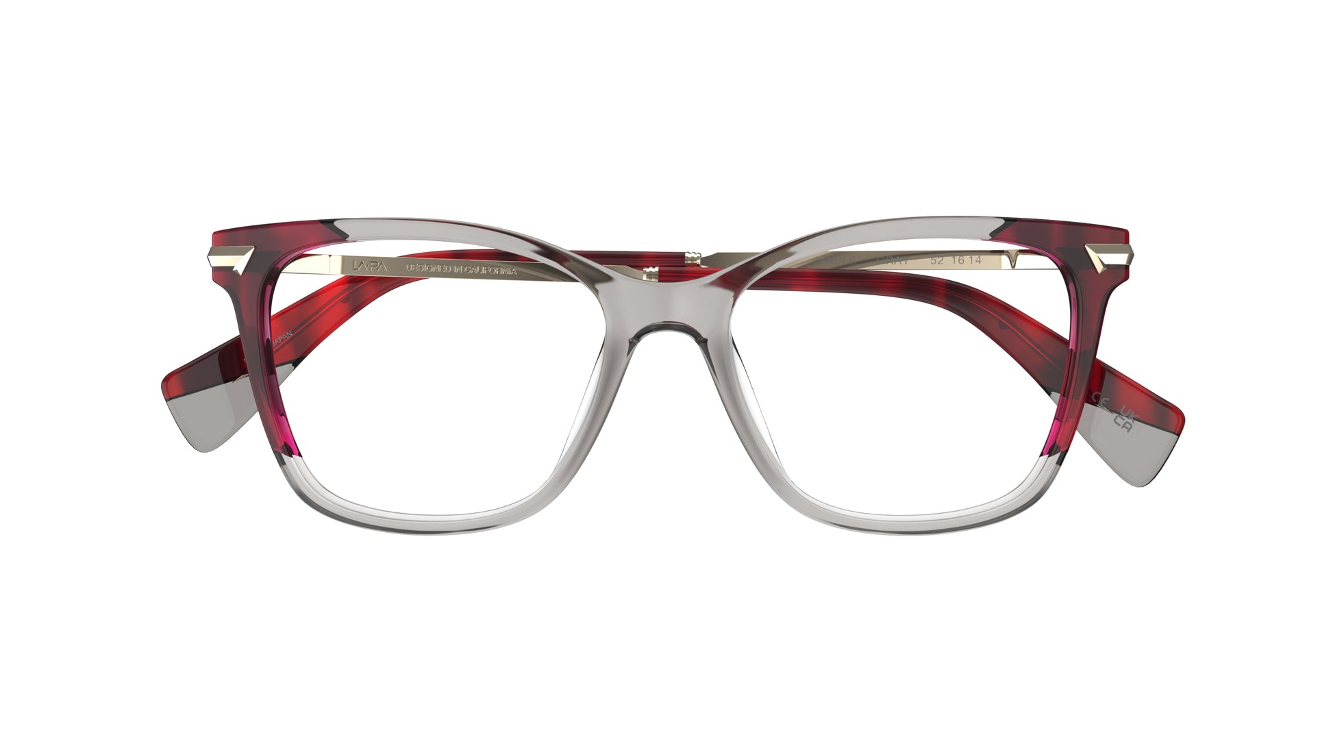 A pair of butterfly square eyeglasses with a translucent gray acetate frame and a red striated pattern on the sides and temple tips, shown against a plain white background.