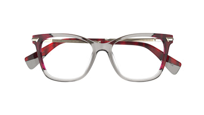 A pair of butterfly square eyeglasses with a translucent gray acetate frame and a red striated pattern on the sides and temple tips, shown against a plain white background.