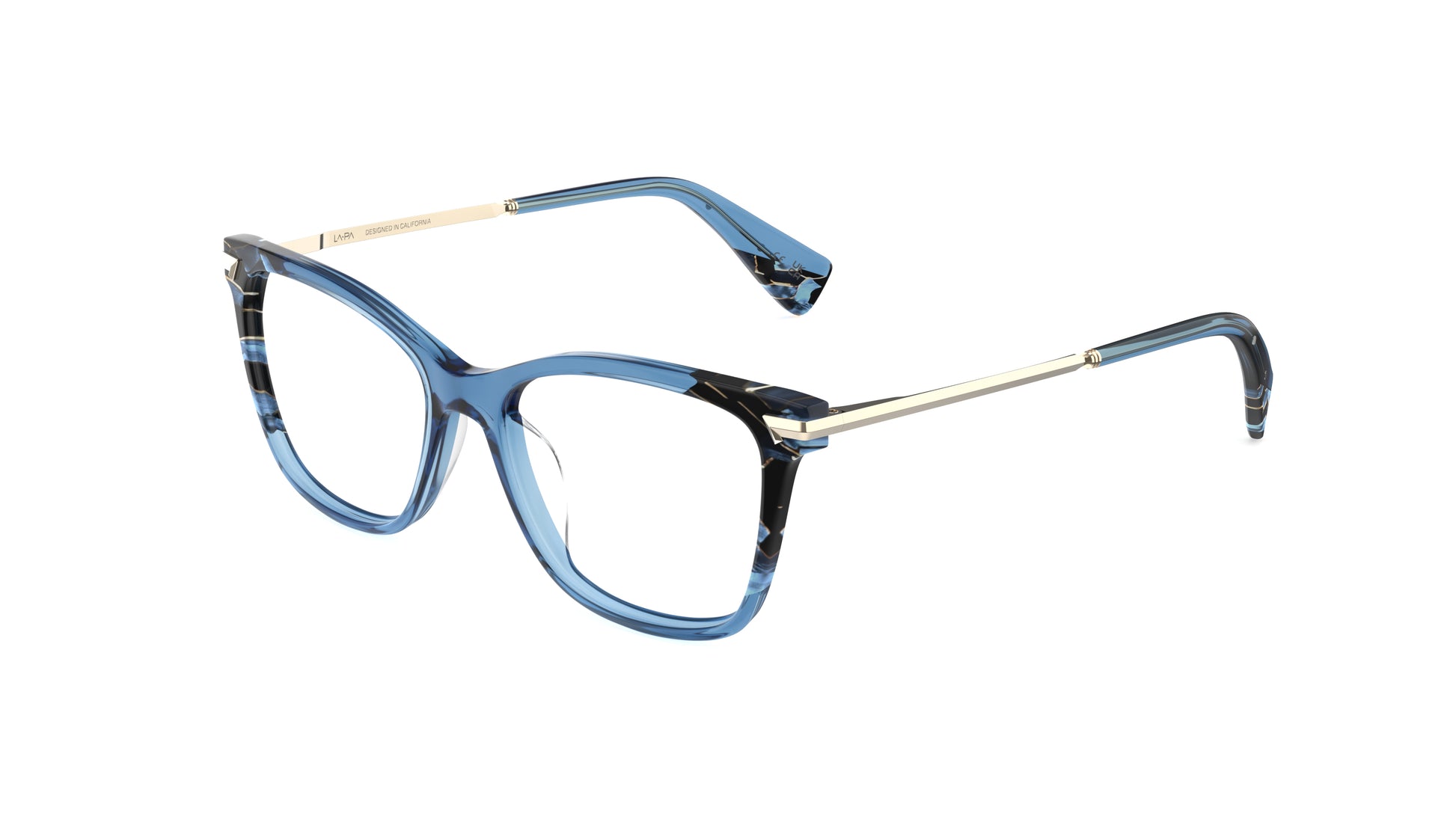 Blue butterfly eyeglasses with a translucent blue acetate frame, marbled detailing on the front, and light gold titanium temples with integrated spring hinge, shown on a plain white background.