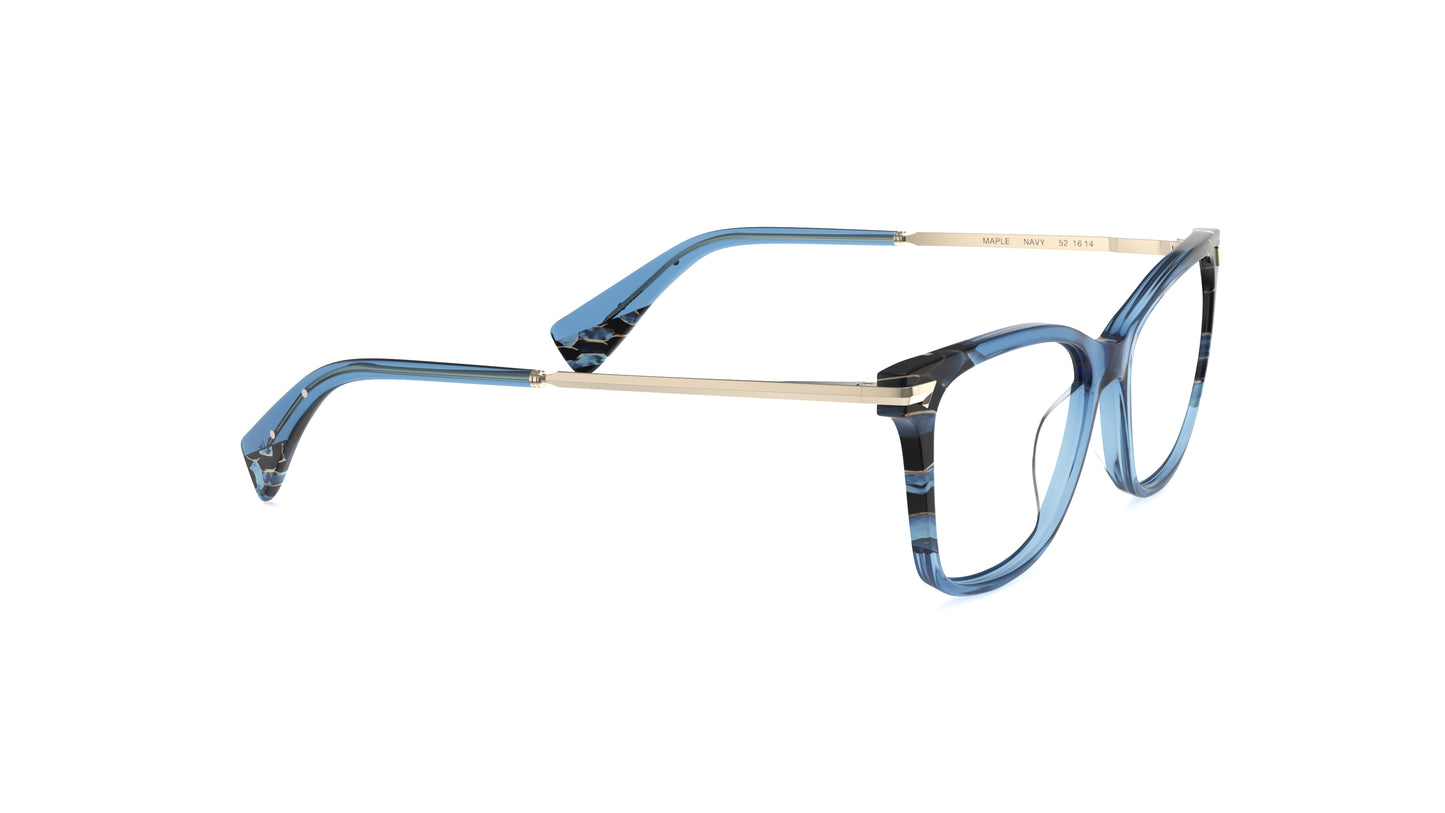 Blue butterfly eyeglasses with a translucent blue acetate frame, marbled detailing on the front, and light gold titanium temples with integrated spring hinge, shown on a plain white background.