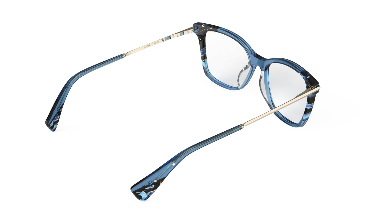 A rear view of a butterfly blue acetate eyeglasses with a marbled pattern and gold titanium temples, shown on a white background.