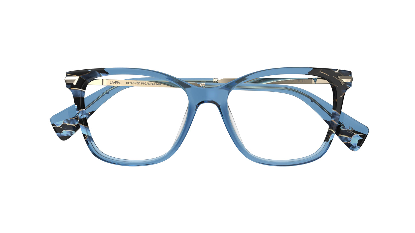 Blue acetate butterfly eyeglass frame with a marbled pattern accents, shown from the front on a white background.