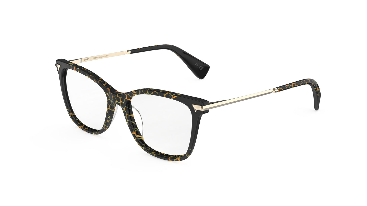 A pair of butterfly eyeglasses featuring a black and animal print pattern on the front, with gold titanium temples, integrated spring hinge, shown on a plain white background.