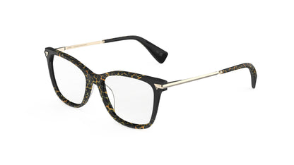 A pair of butterfly eyeglasses featuring a black and animal print pattern on the front, with gold titanium temples, integrated spring hinge, shown on a plain white background.