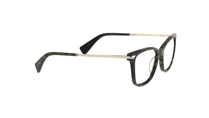 A pair of butterfly eyeglasses featuring a black and animal print pattern on the front, with gold titanium temples, integrated spring hinge, shown on a plain white background.