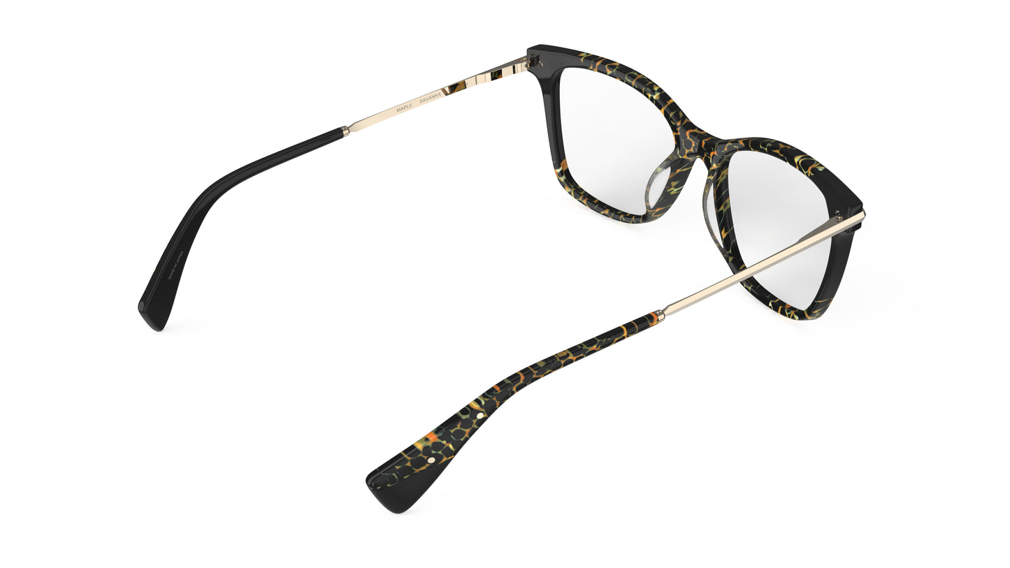 Rear view of butterfly eyeglasses featuring a black and animal print pattern on the front, with gold titanium temples, integrated spring hinge, shown on a plain white background.
