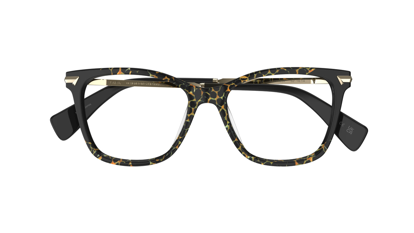 A pair of butterfly-frame eyeglasses with a black and animal print pattern acetate front, gold metal accents on the hinge area, shown against a plain white background.