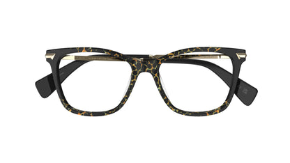 A pair of butterfly-frame eyeglasses with a black and animal print pattern acetate front, gold metal accents on the hinge area, shown against a plain white background.