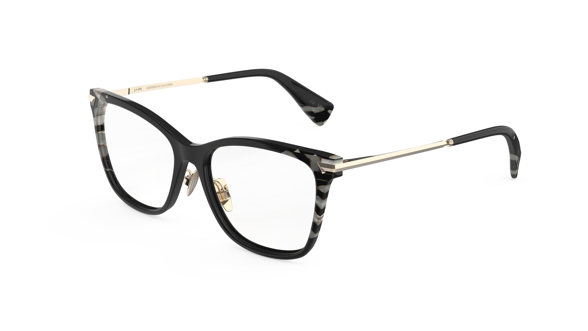 A pair of classic butterfly eyeglasses featuring a glossy black acetate frame, gold titanium temples, nosepads and subtle dark gray marbled pattern accents.