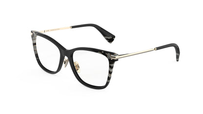 A pair of classic butterfly eyeglasses featuring a glossy black acetate frame, gold titanium temples, nosepads and subtle dark gray marbled pattern accents.