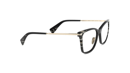 A pair of classic butterfly eyeglasses featuring a glossy black acetate frame, gold titanium temples, nosepads and subtle dark gray marbled pattern accents.