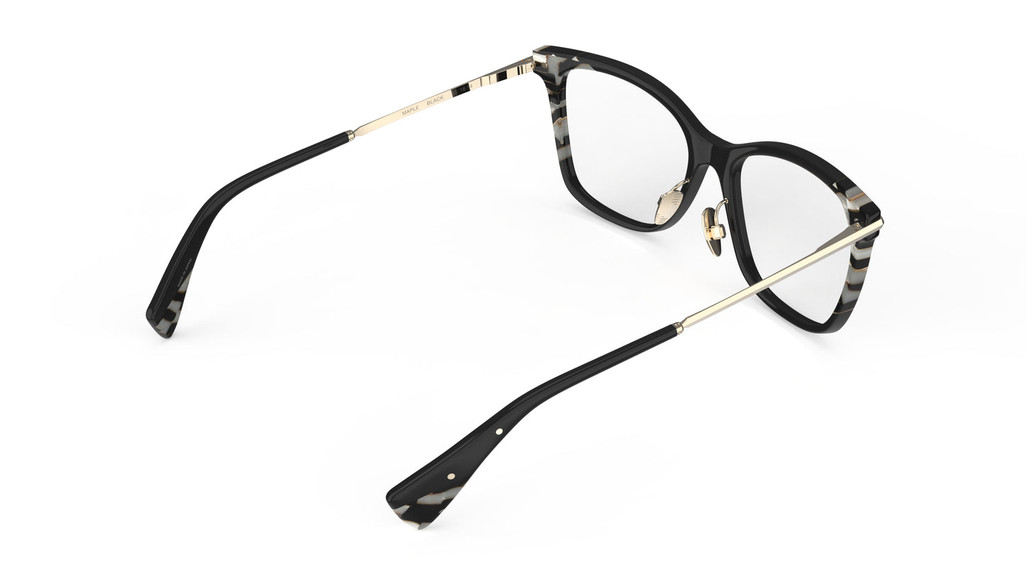 A rear view of a pair of butterfly eyeglasses with a black acetate front featuring subtle marbled accents, combined with gold titanium temples and nosepads, shown on a plain white background.
