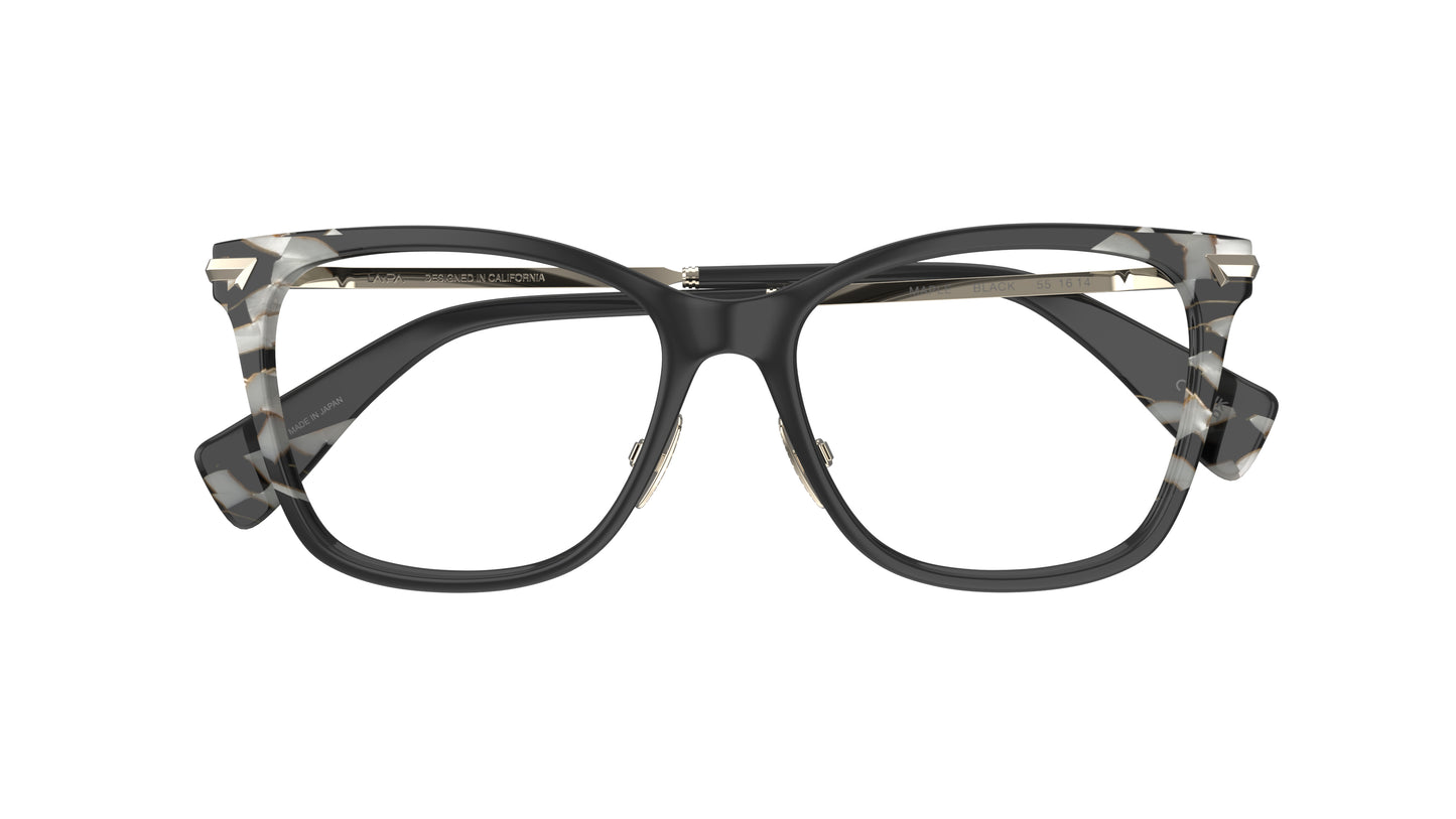 A pair of butterfly square frame eyeglasses with a glossy black front, marbled accents, titanium nosepads shown from the front on a white background.