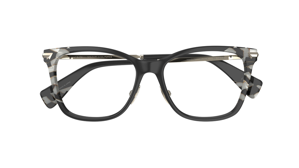 A pair of butterfly square frame eyeglasses with a glossy black front, marbled accents, titanium nosepads shown from the front on a white background.